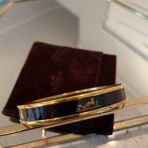 Hermes Caleche Black Enamel Gold Plated Bangle Bracelet